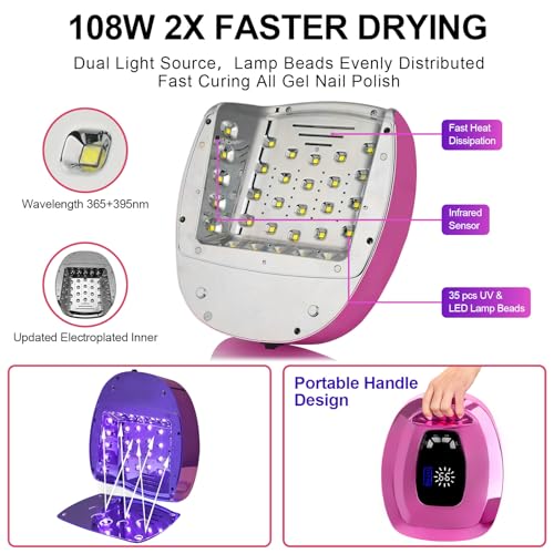 UV-LED-Nail-Lamp-Rechargeable108W-Professional-Cordless-UV-Light-for-Gel-NailsPortable-Metallic-Nail-Dryers-with-UV-Gloves-Nail-KitFast-Curing-Gel-Polish-Lamp-Smart-Sensor-4-Timer-35-Lamp-Beads