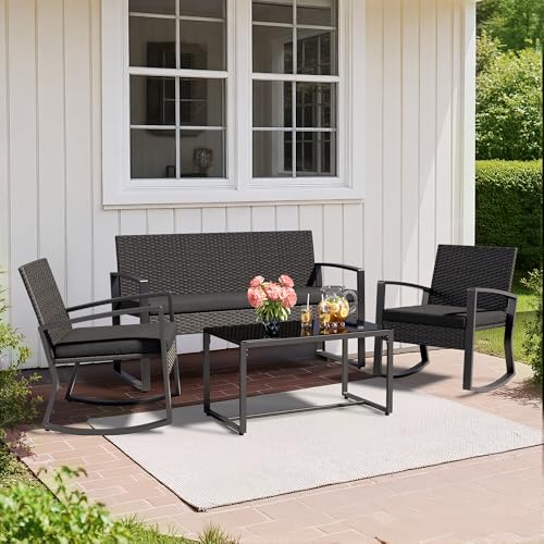 Image of Ahomly 4 Piece Outdoor Patio Furniture Set with Rocking Chairs, Black