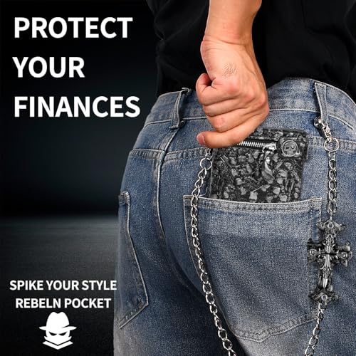 Unisex Gothic Punk Skull Chain Wallet - Bifold Faux Leather, Halloween Goth Accessories - Silver4