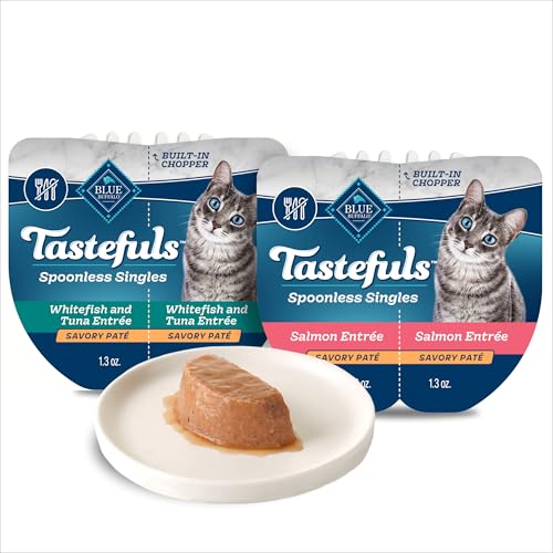 Image of Blue Buffalo Tastefuls Spoonless Singles Variety Pack, Wet Cat Food Pate, 2.6-oz. Twin-Pack Trays, Whitefish /Tuna & Salmon Entree (12 Count)
