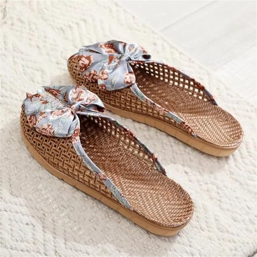 Sweet Bow Linen Slippers Flat Peep-toe Straw Weaving Slippers Shoes Hollow Out Closed-toe Sandals Women4