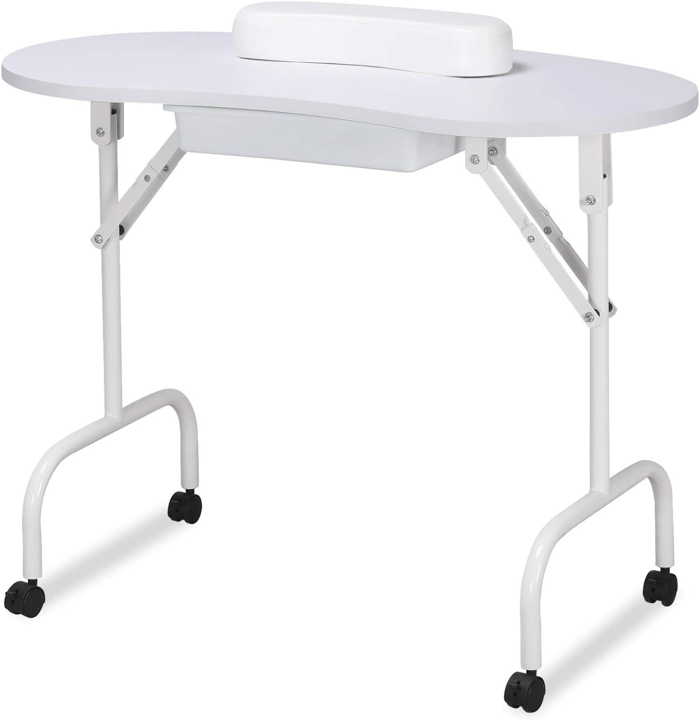 Yaheetech 37-inch Foldable Nail Table - Portable Manicure Beautician Station w/Lockable Wheels for Spa Beauty Salon, White