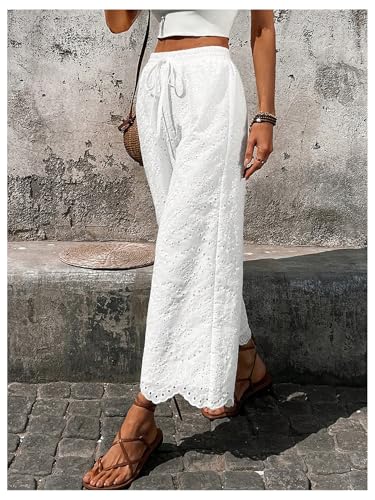 SHENHE Women's Summer Wide Leg Eyelet Pants Drawstring Elastic Waist Travel Boho Palazzo Pants3