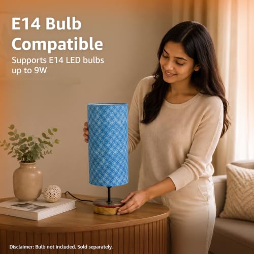 Image of Amazon Basics Bagru Indigo Table Lamp | Hand-Painted Mango Wood Base with Printed Polyester Shade | E14 Holder | Decorative Night Lamp for Bedroom, Living Room & Study Room | Home Decor Gift