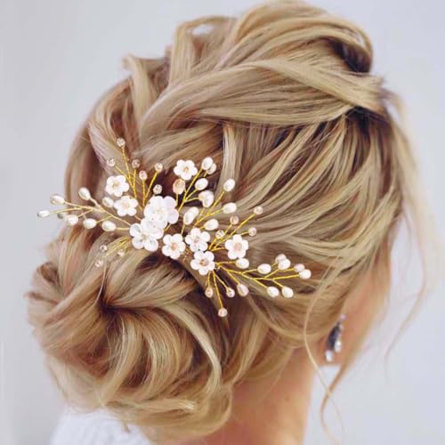 Edary Braut Hochzeit Haarkamm Gold Perle Blume Kopfschmuck Strass Braut...