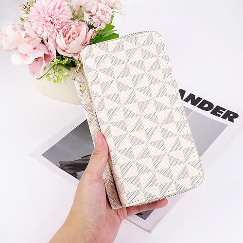 Triangle Pattern Wallet, Double Zipper Pockets, PU Leather Cellphone Purse Credit Card Cash Holder, Beige and Gray Grid3