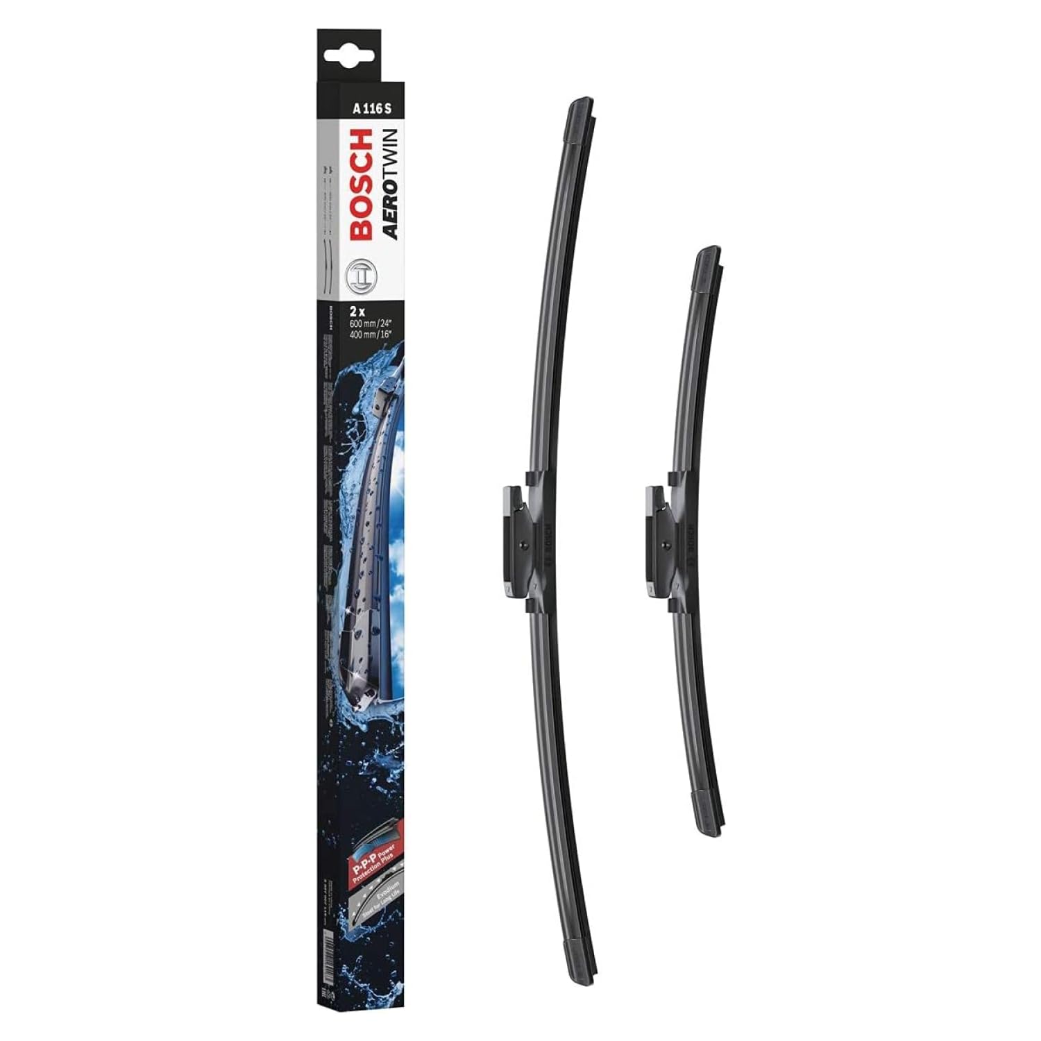 Bosch Aerotwin A116S - Front Windscreen Wipers - Set of 2 Replacement Blades - Comes with Pre-assembled Adapter - 2 Blades, 600 mm / 400 mm - Only for Left-Hand Drive (EU)