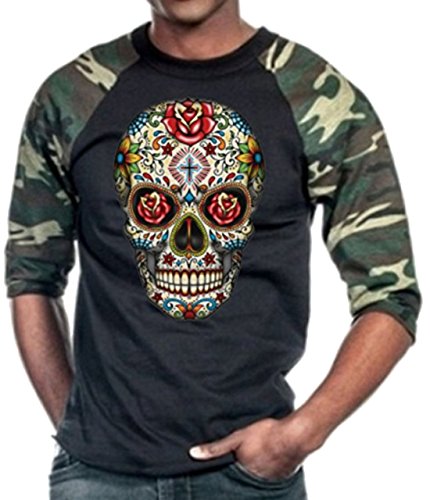 Rose Sugar Skull Baseball T-Shirt Camo/Black M-3XL (3XL, Camo/Black)