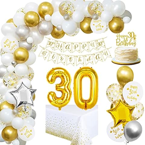 weeyin 30th Birthday Decorations for Woman Man, White Gold 30th Birthday Balloons with 30th Happy Birthday Banner, 30th Balloon, Confetti Party Balloon for Man Woman 30th Birthday Decoration Reusable Cover