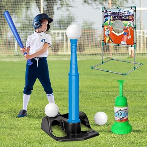 3 in 1 T Ball Sets for Toddlers 3-5, 5-8, 8-12 Kids Tee ball Set Toy with Automatic Pitching and Adjustable Height Batting Stand Base 7pcs Baseballs, Outdoor and Indoor Sports for Boy and Girl (Blue) Cover