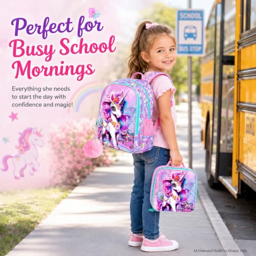 Image of HPJGD 3PCS Unicorn Backpack, Water Resistant Girls Bookbag Set with Lunch Box,Cute Kids Elementary School Bag for Preschool Toddler