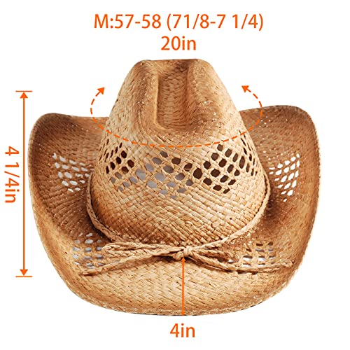 Image of Men's Cowboy Hats Summer Women Beach Cowgirl Hat Raffia Unisex Western Sun Hat