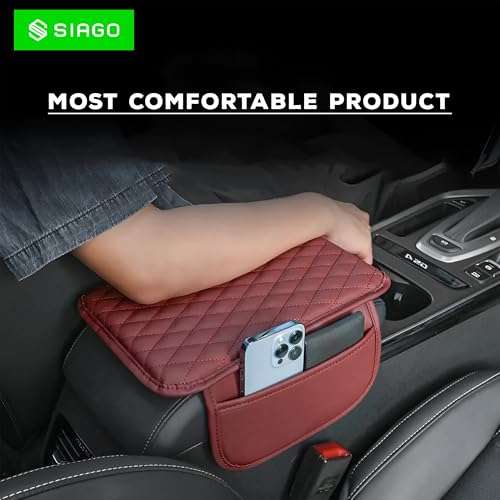 Image of SIAGO Car Armrest Cover Cushion with Storage Bags | Soft Center Console Protector Pad | Non-Slip, Waterproof & Durable | Universal Fit for Cars, SUVs & Trucks (Red) SIA144