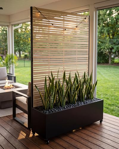 TinFrey 73 Metal Planter Box with Trellis on Wheels - Mobile Outdoor Planter with Drainage Holes & Louvered Privacy Screen Wood Grain AC Unit Cover for Patio Backyard Poolside - Matte Teak