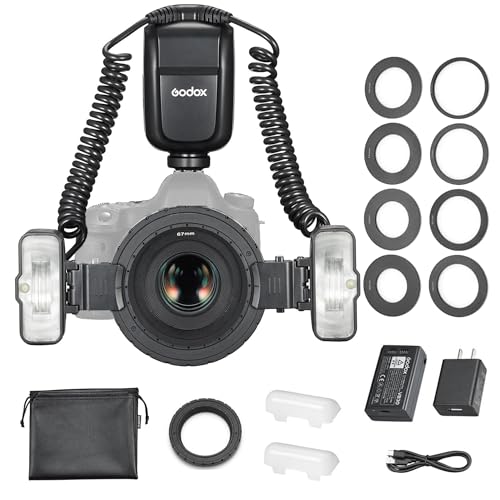 Godox MF-T76 C Macro Flash Double tête, Appareil Photo Cannon adapté,76Ws, GN22.4,TTL, Sortie 1-1/256, synchronisation Rideau Avant/Rideau arrière, Batterie fournie, adapté à la Photographie Macro