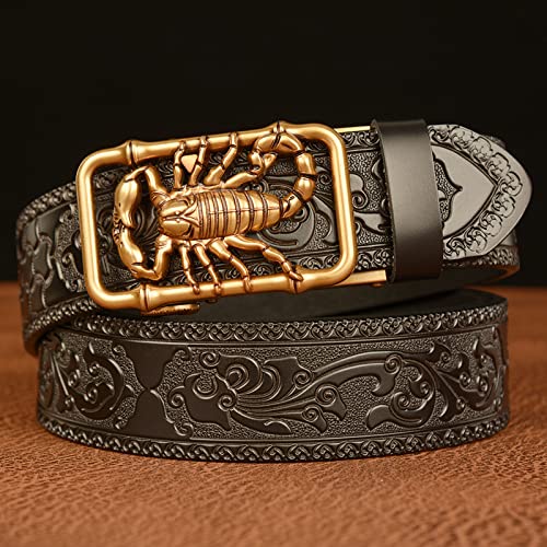 Men's Genuine Leather Ratchet Dress Casual Adjustable Belt 3D Scorpion Buckle Western Vintage Leather Engraved Belt2