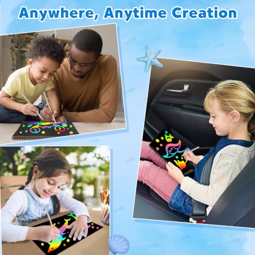 Image of ZMLM Scratch Paper Art Craft: 2 Pack Rainbow Scratch Set for 3 4 5 6 7 8 9 10 Years Old Girls Boys Students Drawing Coloring Black Magic Art Supplies Kits Gifts School Birthday Party Toys (Ocean)