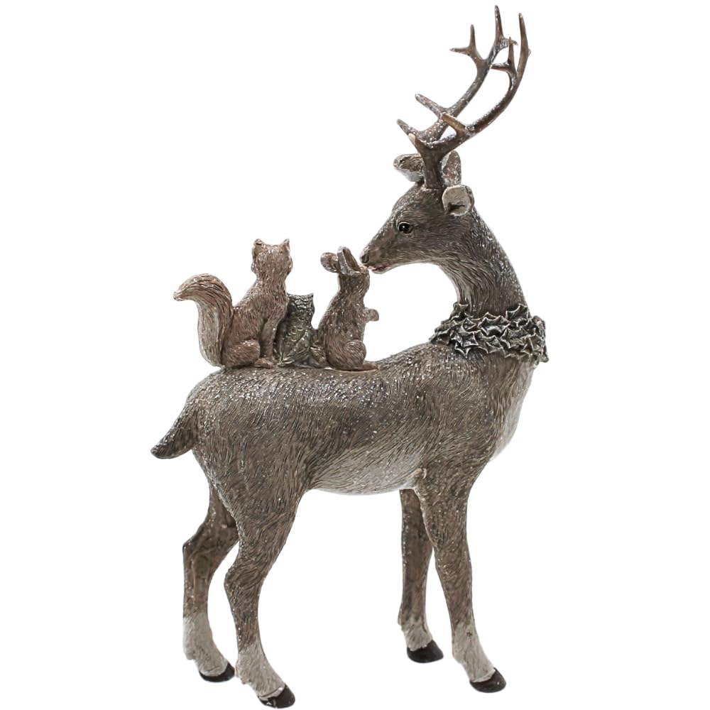 Dekohelden24 Hirschdeko, Deko-Rentier, Deko-Hirsch, Hirsch mit Geweih und 3 Eichhörnchen auf dem Rücken aus Keramik in grau, Größe L/B/H ca. 16 x 5 x 26 cm.