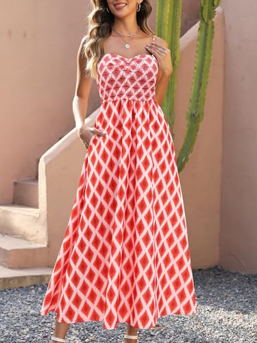 Image of Gardenwed Women's Floral Print Maxi Dress,Spaghetti Strap Smocked Bodice A-Line Sundress with Pockets