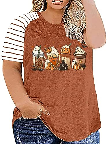 Plus Size Halloween Pumpkin T-Shirt Women Vintage Floral Pumpkin Graphic Tees Casual Short Sleeve Fall Tops Shirts