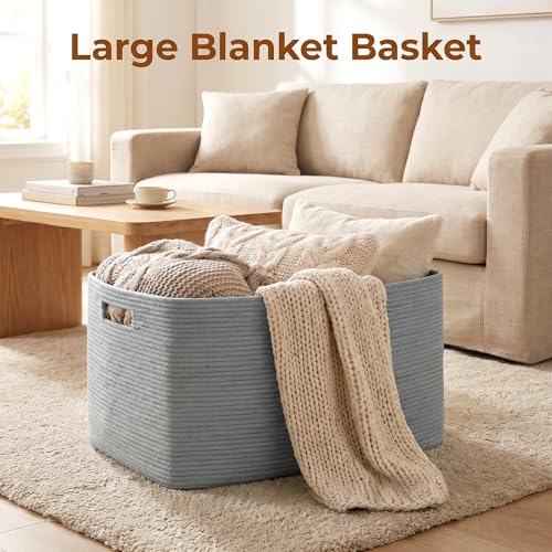 Image of OIAHOMY 75L Large Blanket Basket Woven Storage Basket with Handle Grey