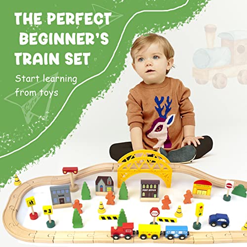 60Pcs Train Set For 3 Year Old Boys, Double-Side Wooden Train Set Tracks For Toddlers, Fits Brio, Thomas, Melissa And Doug, Kids Wood Train Toys For 3 4 5 Year Old Boys And Girls (60Pcs) #TOP5