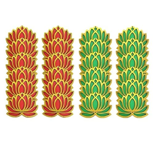 Image of Sanvatsar Home White Golden Lotus 4 Inch Set of 24 Wooden Cutout DIY Rangoli Kit | Decorations for Diwali, Dusshera Wedding Rangoli, Pooja, Decorations, Festival Gift (Red12Green12)