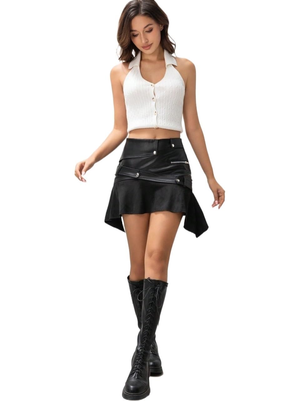 Womens Basic Mini Skirt Asymmetrical Waist Button Belt Suede Hem PU Leather Skirt