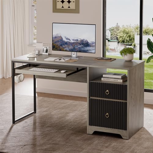 Image of Bestier 55Inch Modern Fluted Desk with Drawers & Keyboard Tray, Grey | 55 X 22 In Work Surface, File Drawer, Reversible Pedestal, Fluted Panels And Keyboard Tray For Home Office Storage.
