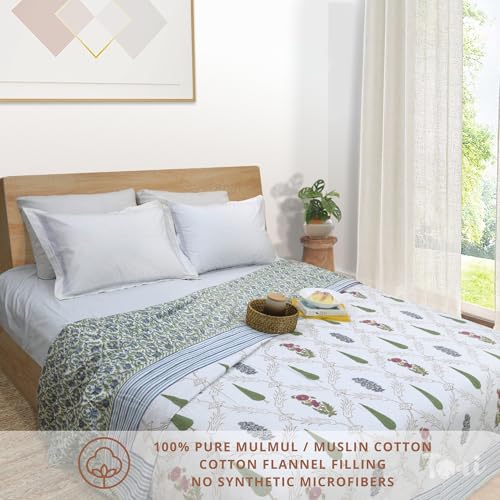 Image of TOAIArt Premium Jaipuri Dohar | AC Blanket Summer Quilt | Hand Block Printed | 3 Layers | Reversible | 150GSM 100% Mulmul Cotton | 100% Cotton Flannel Filling | King 108 inch X 90 inch | Adil Jaal