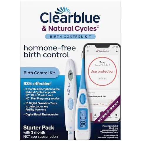Clearblue & Natural Cycles Hormone-Free Birth Control Kit Starter Pack, 3 Month Subscription to The Natural Cycles app, 15 Digital Ovulation Tests, 1 Digital Basal Thermometer Cover
