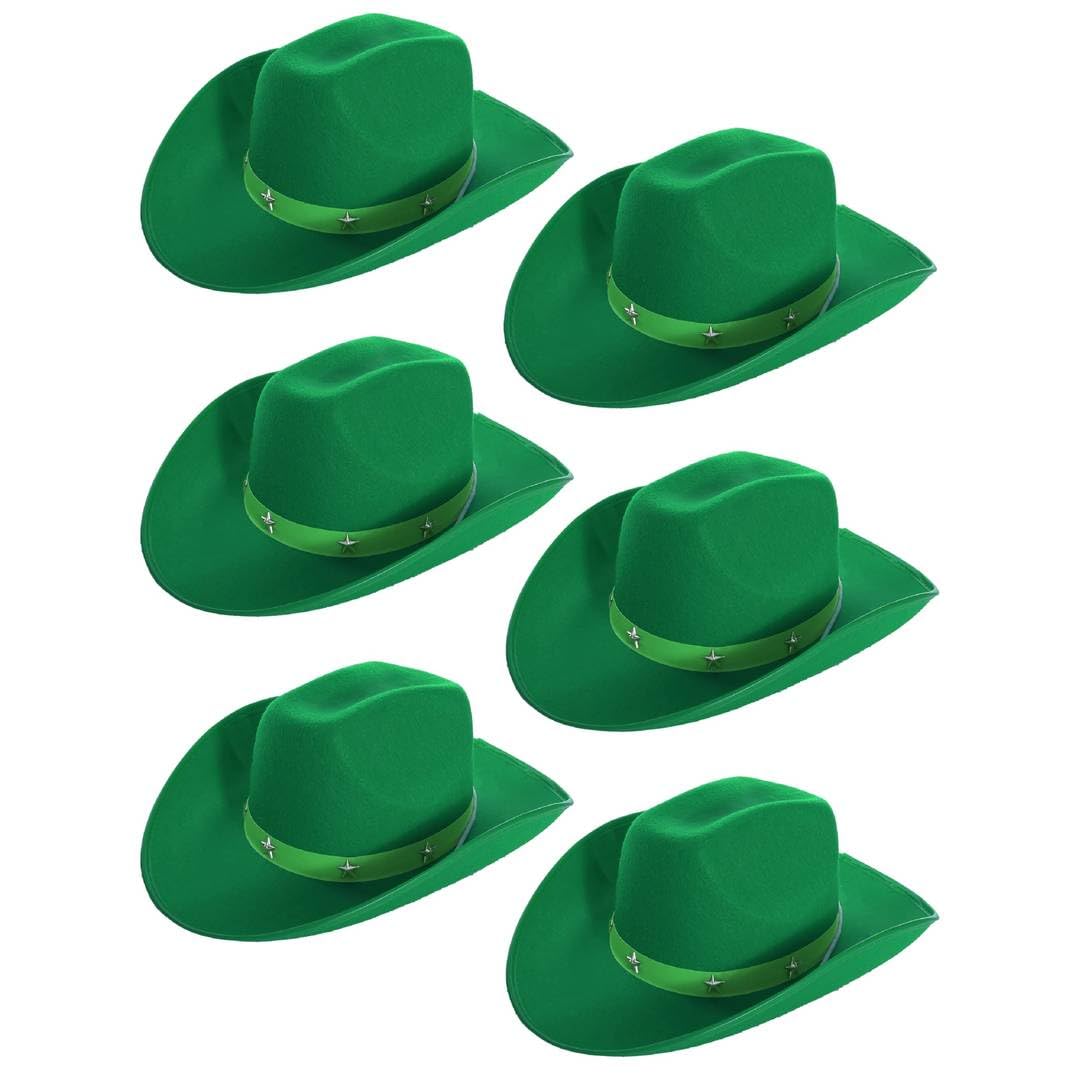 Adults Star Studded Cowboy Hat - Pack of 6 - Green Felt Western Style Hat with Decorative Star Studs - Classic Wild West Fancy Dress Costume Accessory for Parties Festivals Cosplay Cowgirl Events