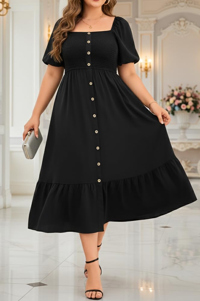 Image of Plus Size Summer Dresses - Boho Casual Wedding Guest Midi Flowy Short Sleeves Smocked Button Down Dress for Curvy Women