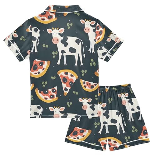 ALAZA Cow Pizza Cartoon Pajamas Satin Pajama Set Short Sleeve Button Down Sleepwear2