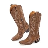 LISHAN Women's Mid Calf Boots Square Closed Toe Pull On Side Zipper Western Cowgirl Cowboy Boots Embroidered Block Chunky Thick Mid-heel Faux Leather PU Upper Shoes Long Boots Brown Size 12
