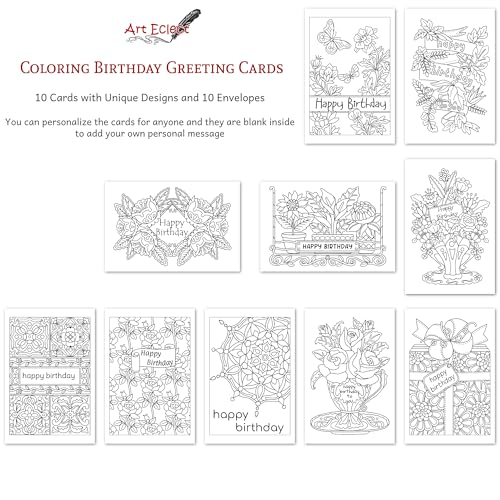 Image of Art Eclect Birthday Cards to Color for Adults - Relaxing Coloring Designs | Happy Birthday Coloring Cards - 10 Different Designs - 10 White Envelopes Included (Birthday /10)
