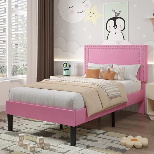 Image of VECELO Twin Size Platform Bed Frame with Height Adjustable Upholstered Headboard, Modern Mattress Foundation,Strong Wood Slat Support, No Box Spring Needed, Easy Assembly,Pink