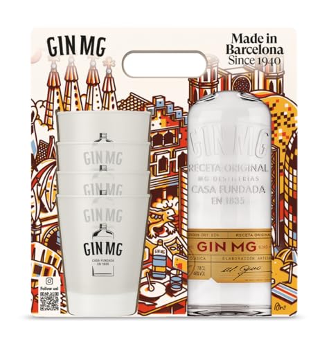 GIN MG - Estuche de Ginebra Made in Barcelona 70 cl + 4 Vasos, London Dry Gin, 40% Alcohol Volume, Receta Tradicional