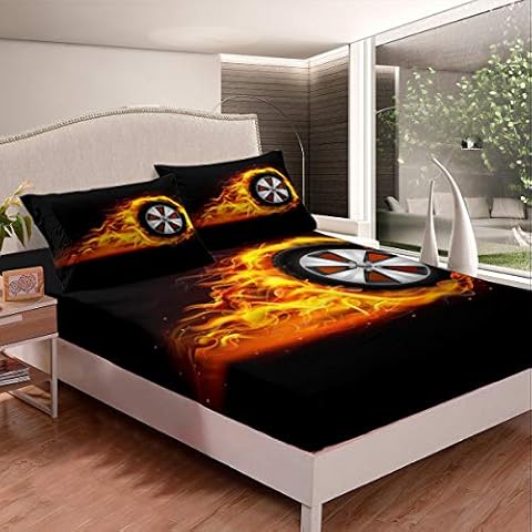 Homemissing Jungen Sportwagen Spannbetttuch für Jugendliche Jugend Mann Extremsport Thema Spannbettlaken 160x200cm Feuerreifen Bettlaken Set Cool Speed Rennwagen 2St Cover