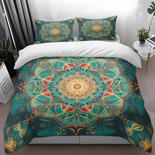 Funda Nordica Cama 135 Mandala Verde Naranja Colcha Cama 135 Microfibra Colchasa Edredon Invierno con Cremallera Fundas Nordicas Nórdica Suave+2 Funda Almohada 50x75cm