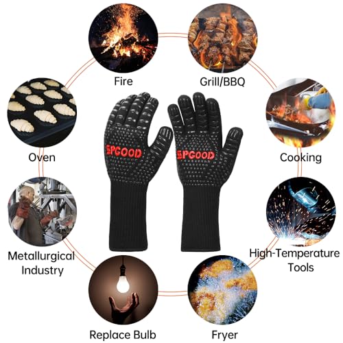 Foto von SPGOOD Grillhandschuhe hitzebeständig 800 Grad feuerfeste Handschuhe Kochhandschuhe Backhandschuhe für Küche Grill BBQ Ofenhandschuhe (Schwarz, L/XXL)