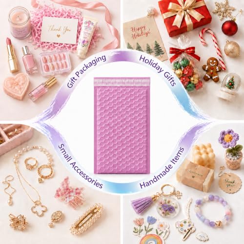 Image of Fuxury Bubble Mailers 4x8 inch Padded Envelopes 200 Pack Pinkish Purple | Usable Size 4x7 inch Padded Mailers Small Bubble Envelopes Self Seal Shipping Bags for Mailing Jewelry Makeup Small Business #000