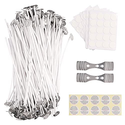 Fangze Candle Wick 6 Inch, 200pcs Candle Wick with Sticker and Centering Device,Pre Waxed Wicks with Warning Labels for DIY Candle Making