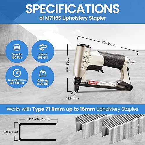 meite MT7116S Air Staple Gun with Safety Switch, Pneumatic Upholstery Stapler - Image 3