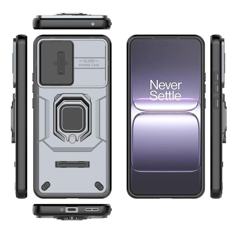 Image of Casodon Heavy Duty Armor Back Case Cover for Oneplus Nord CE 5 5G - Magnetic Kickstand Ring with Camera Shutter Protection, Rugged Bumper Hard Back Cover for Oneplus Nord CE 5 5G (PC & TPU|Silver)