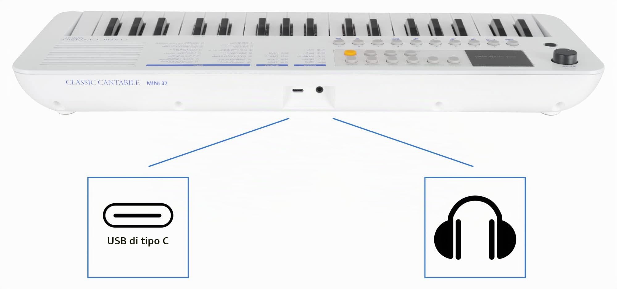 Classic Cantabile MINI-37 Keyboard bianco-blu, 37 mini-tasti, 100 ritmi | 100 suoni (divisi in 10 gruppi), 30 brani (la melodia può essere silenziata), Polifonia a 32 voci, Manopola volume, 120 min