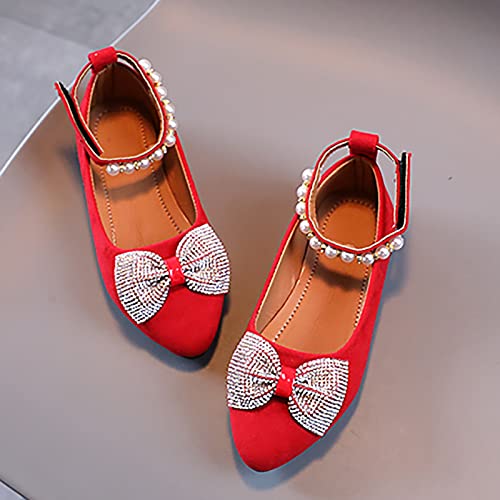 Girls Casual Shoes Shallow Mouth Slip On Pointed Pearl Princess Boat Shoes Kids Children Bowknot Youth Shower Shoes (Red, 32 Big Kids)4