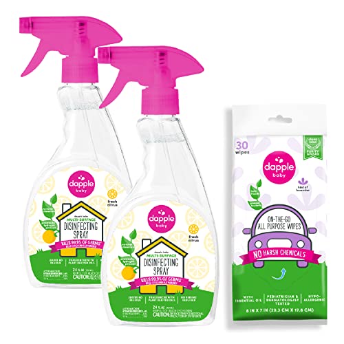 Image of Dapple Multi-Surface Disinfecting Spray Baby, Citrus, 24 Fl Oz Bottle (Pack of 2) Baby All Purpose Wipes 30 Count Pouch, Lavender