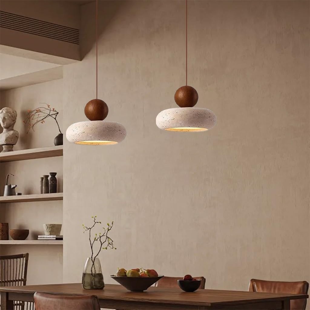 Suspension LED Bois & Travertin Wabi-Sabi 1/3 Lumières | Lustre Nordique Vintage En Pierre Naturelle Jaune, Hauteur Réglable Pour Salle À Manger, Salon, Chambre & Cuisine(20cm)