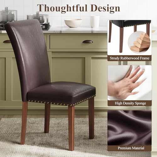Image of Farmhouse Dining Chairs Set of 6, High Back with Wooden Legs and Nailhead Trim, Modern Fabric Dining Room Chair for Kitchen /Restaurant